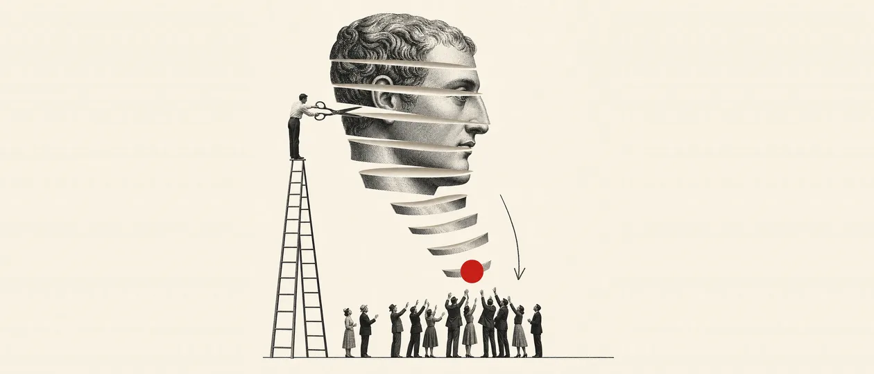 A tiny figure on a ladder cuts a giant engraved classical head into thin strips with scissors; the strips fall toward a small crowd below with open hands, one of them a solid red coin.
